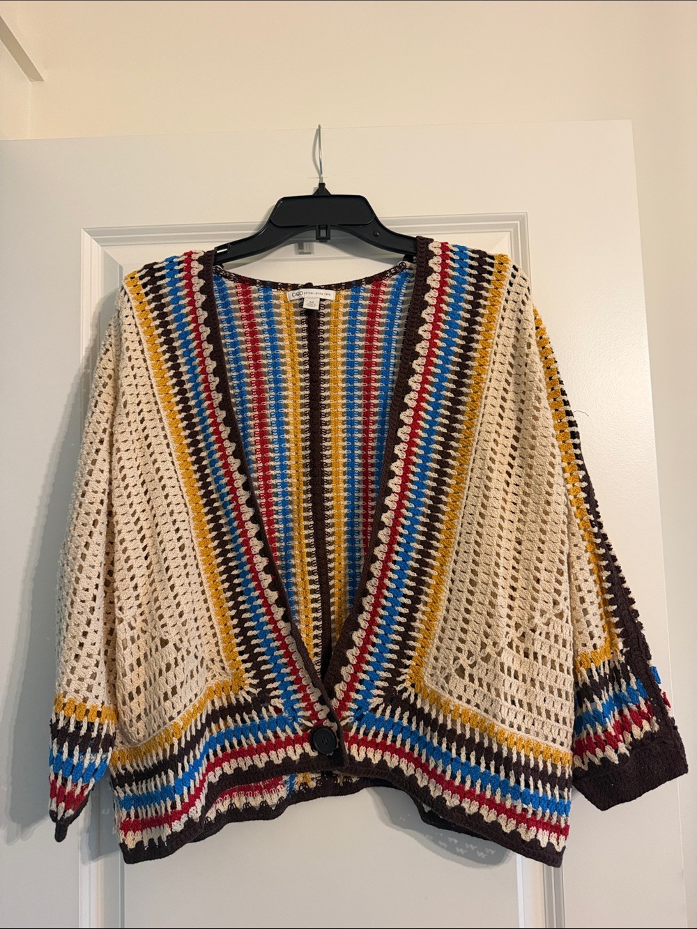 Cato Cream Open-Weave Striped Crochet Cardigan with Multicolor Accents